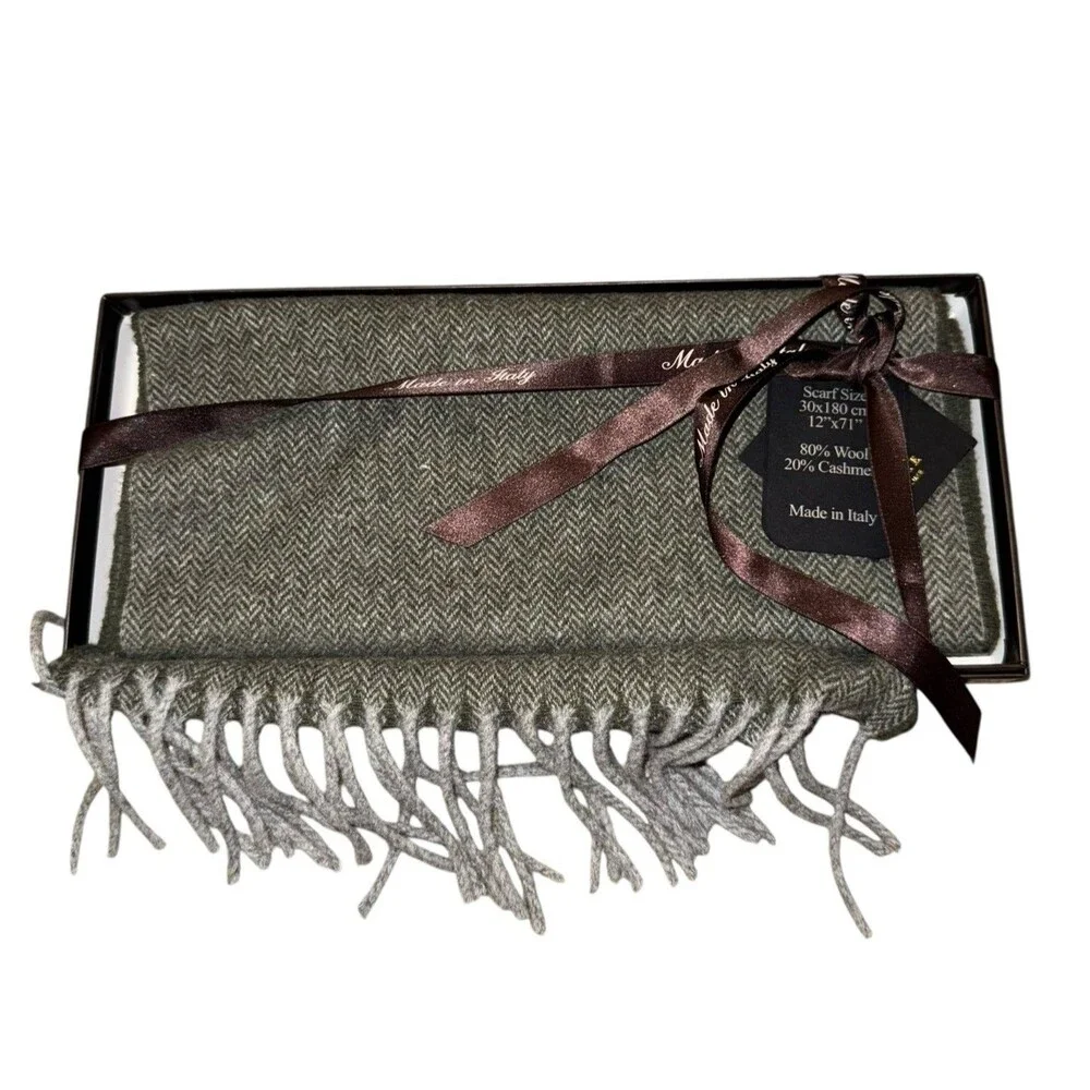 NWT Linea Emmeti Scarf Gray White Chevron Cashmere Wool Blend 12x71 Italian Made